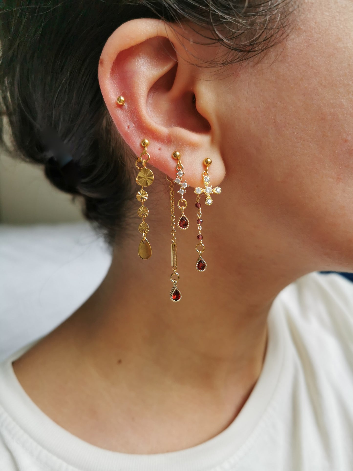 Boucle d'oreille acier, a accumuler, piercing d'oreille rouge