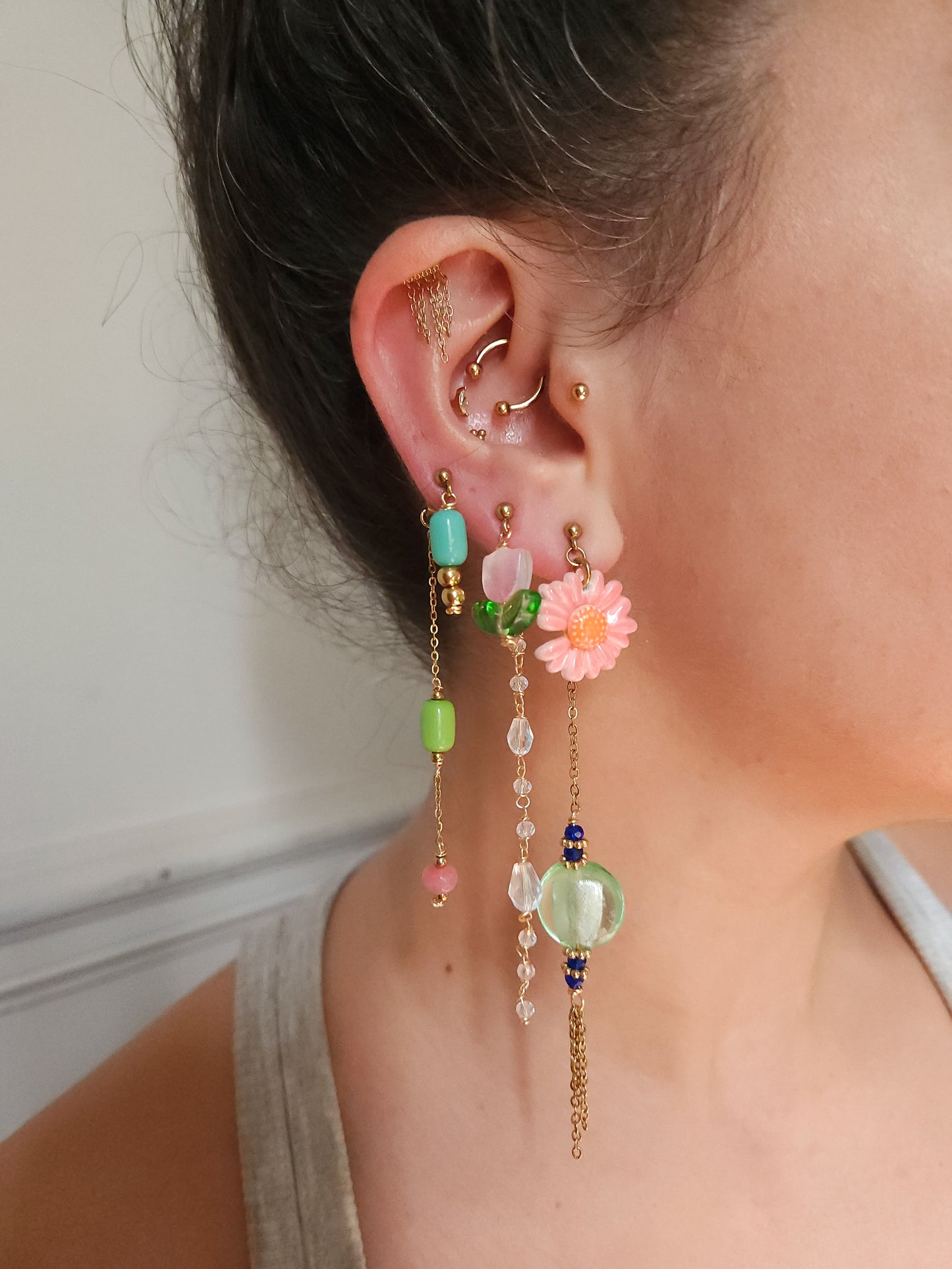 Boucle d'oreille modulable acier inoxydable et doré à l'or fin, a l’unité, coquillage, etoile et tortue de mer, corail, fleurs