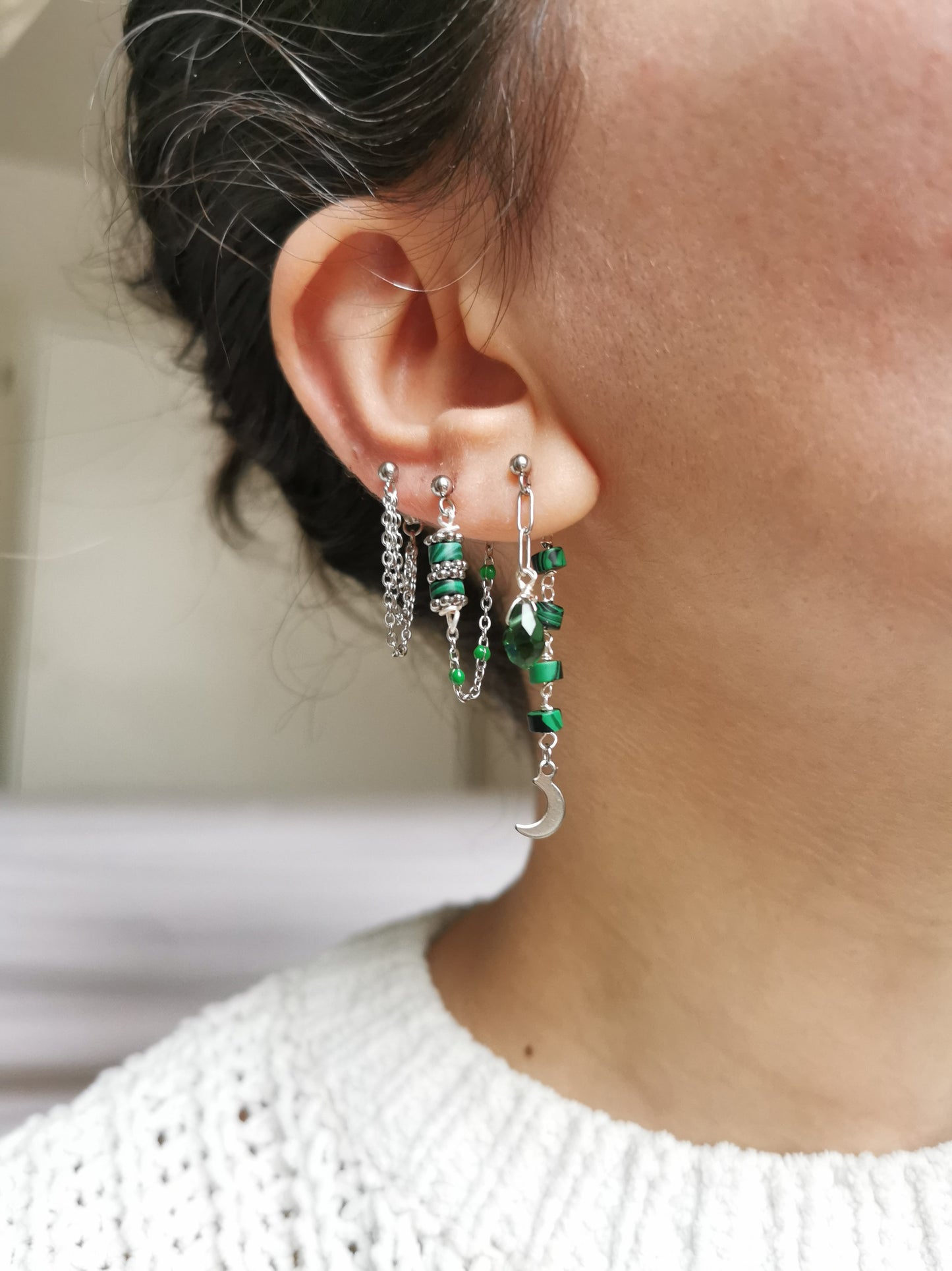 Boucle d'oreille acier argenté à l'unité, composition piercings d'oreilles vert