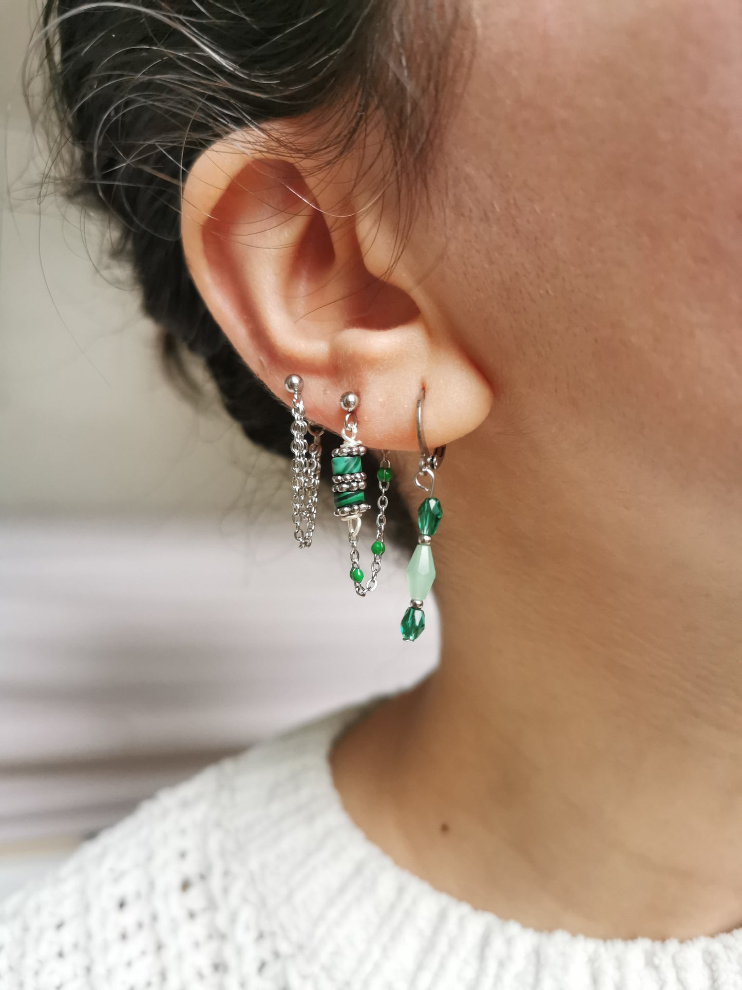 Boucle d'oreille acier argenté à l'unité, composition piercings d'oreilles vert