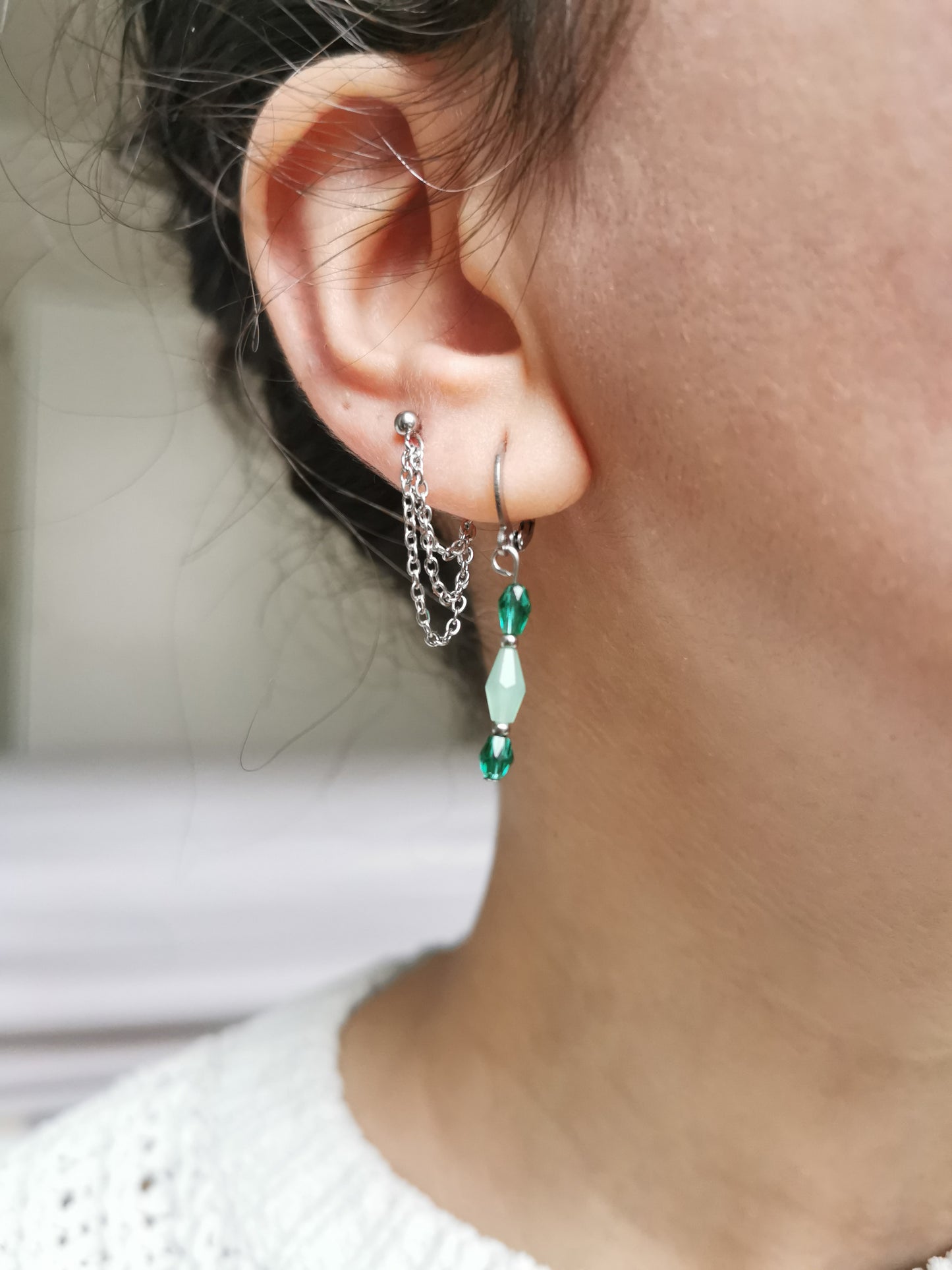 Boucle d'oreille acier argenté à l'unité, composition piercings d'oreilles vert