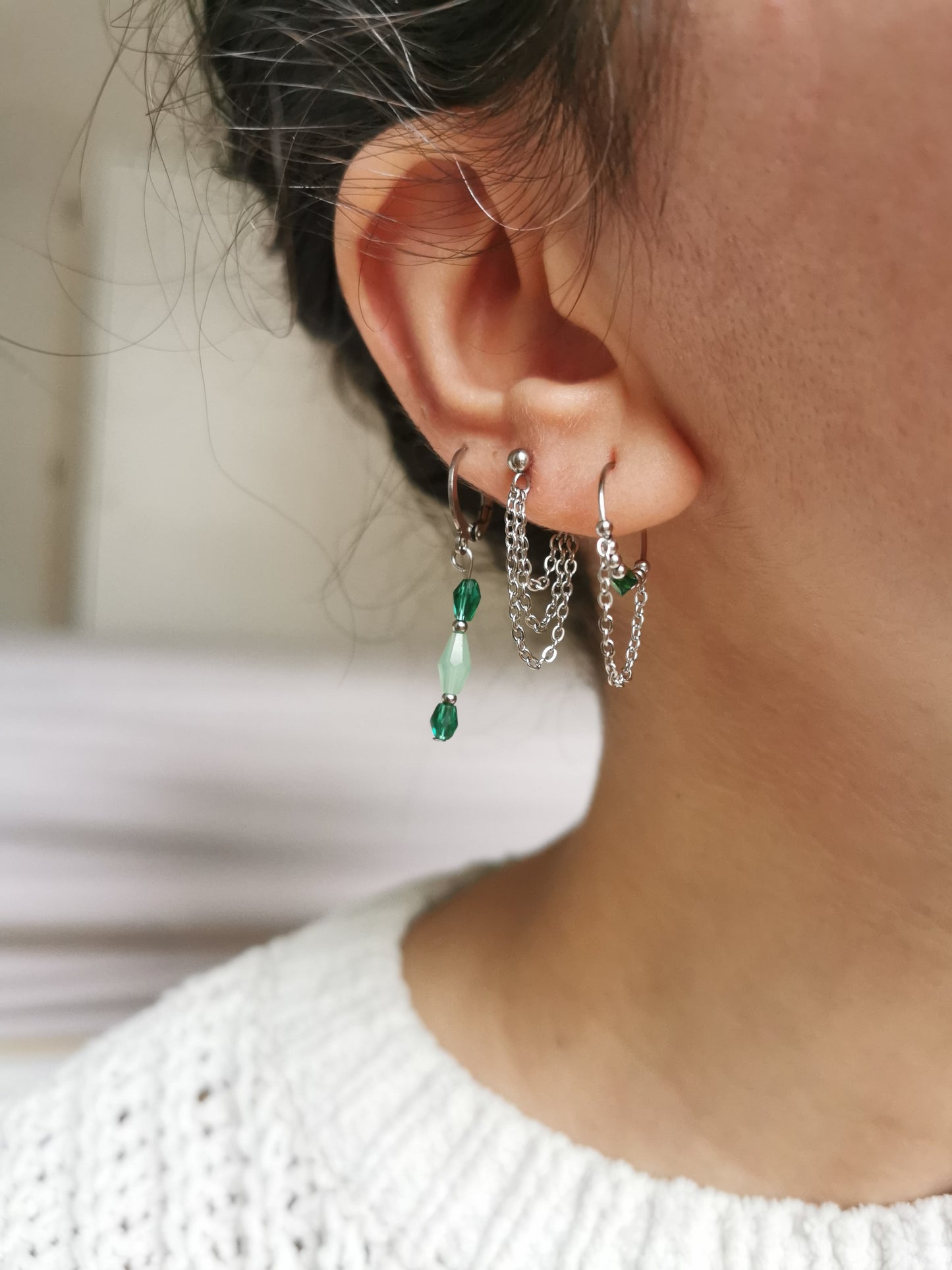 Boucle d'oreille acier argenté à l'unité, composition piercings d'oreilles vert