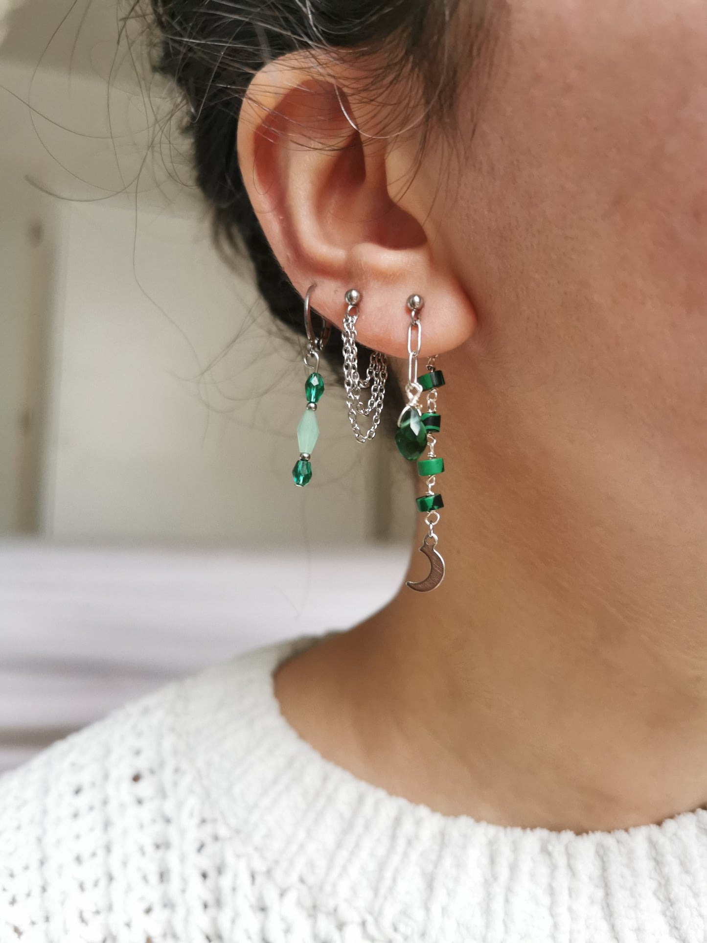 Boucle d'oreille acier argenté à l'unité, composition piercings d'oreilles vert