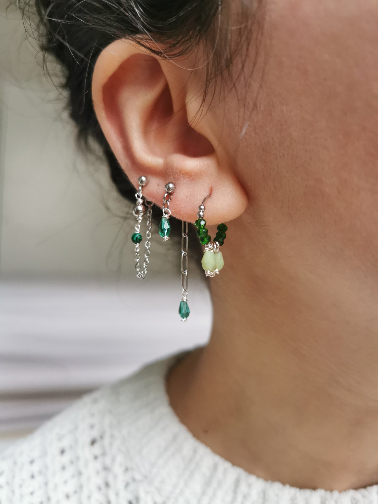 Boucle d'oreille acier argent, composition piercings d'oreilles vert , lune et œil