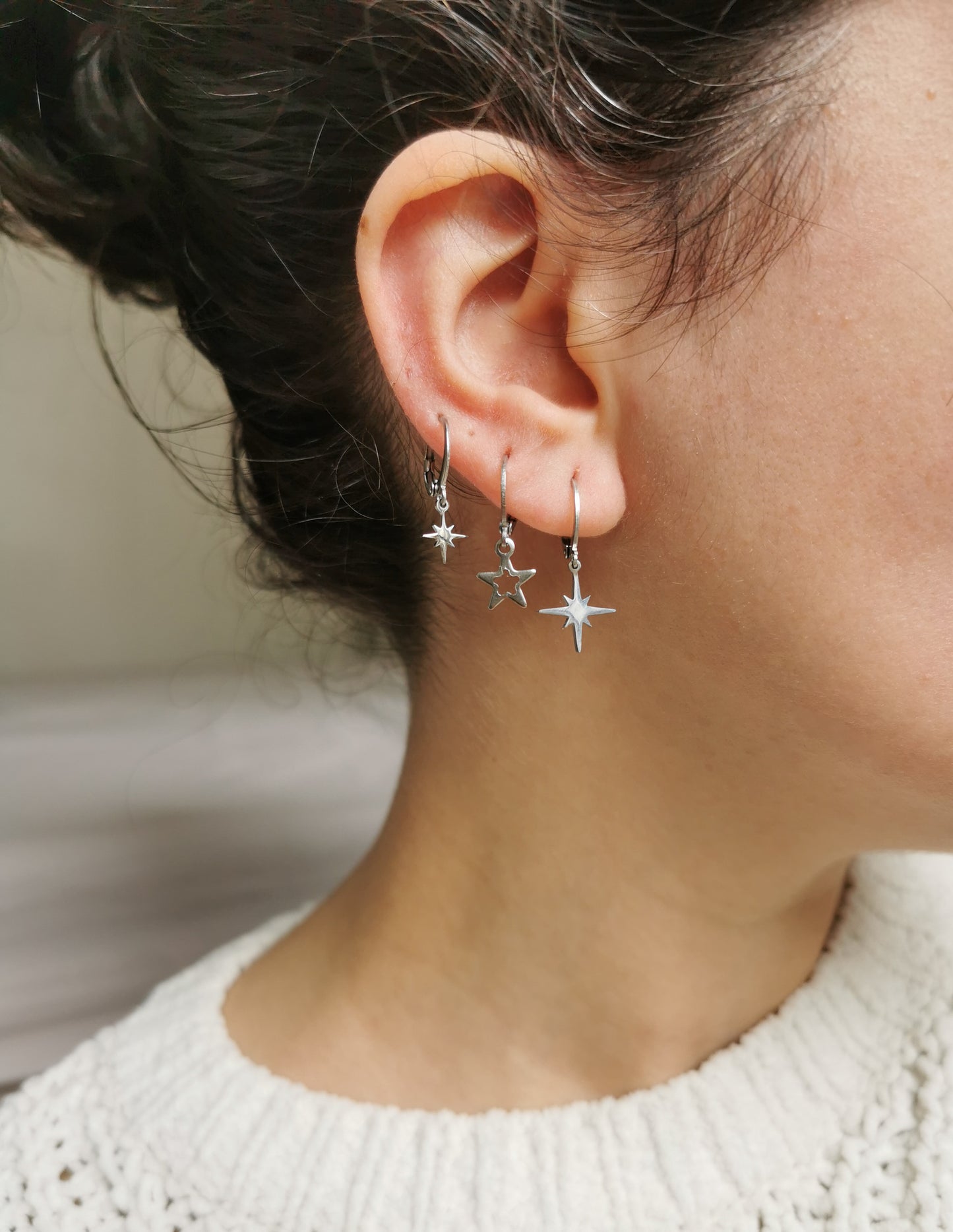 Boucle d'oreille lune et etoile acier argent a l'unité, compositions piercings d'oreilles