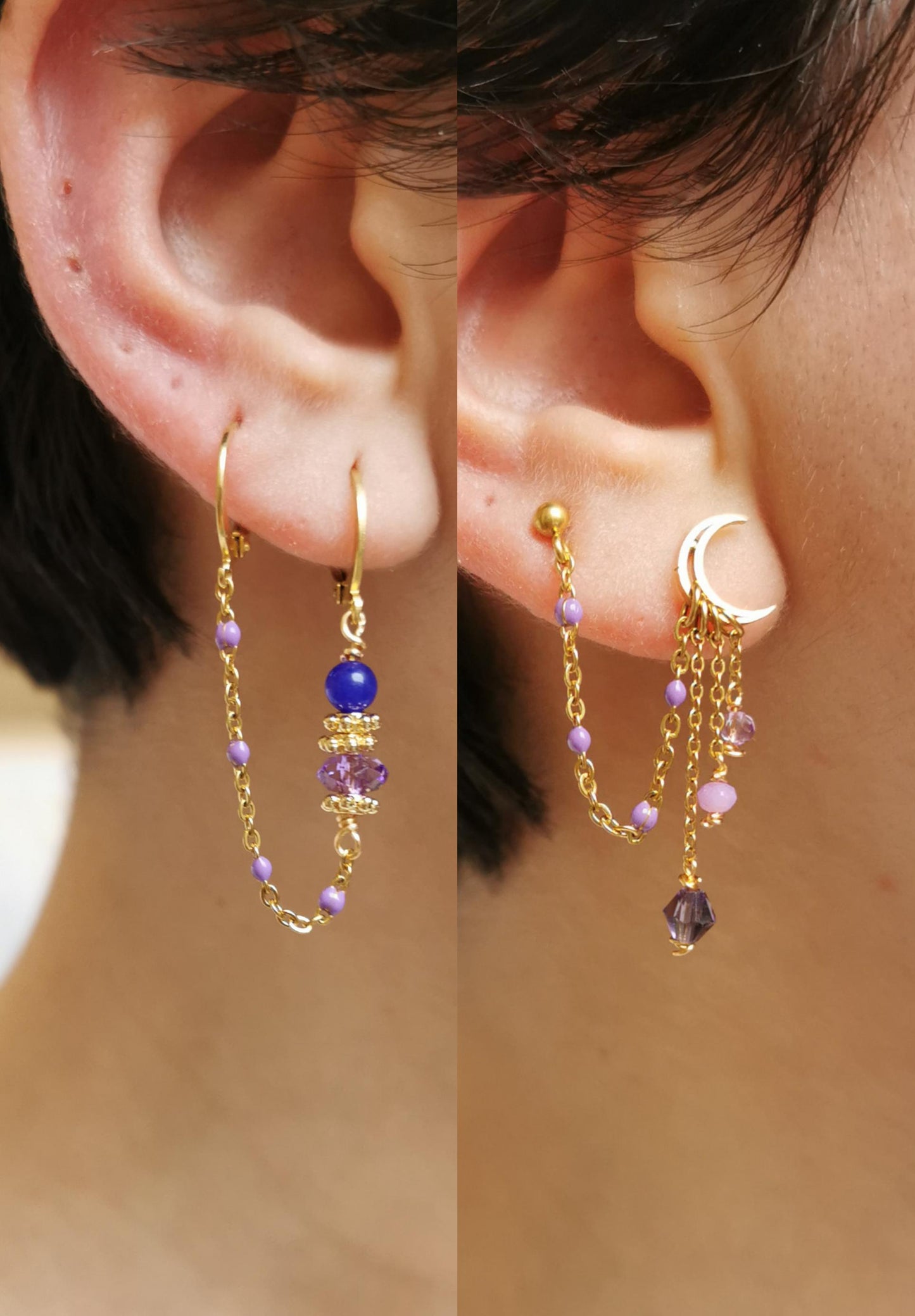 Boucle d'oreille double acier inoxydable, boucle d'oreille lune, bijoux faits main