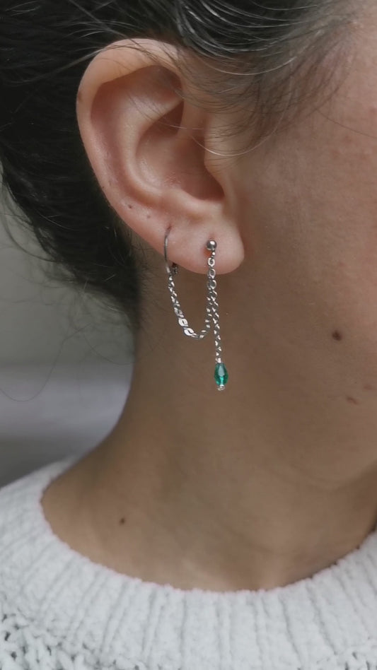 Boucle d'oreille double acier argent, chaine d'oreille perle verte