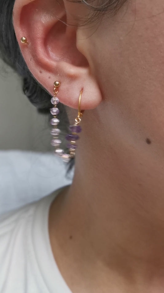 Boucle d'oreille double acier inoxydable, chaine d'oreille violette faite main