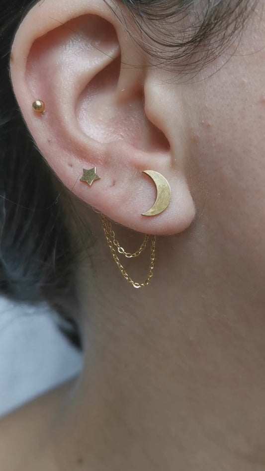 Chaine d'oreille en acier , boucle d'oreille double lune et etoile