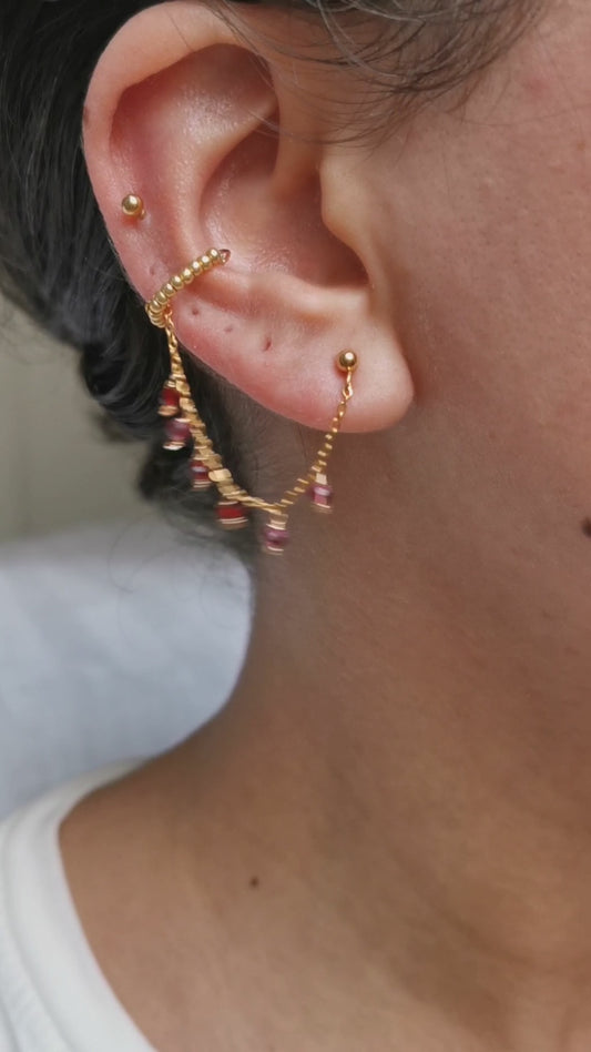 Boucle d'oreille acier, chaine d'oreille rouge, faite main