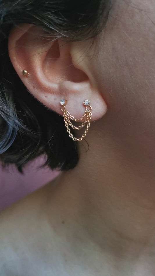 Boucle d'oreille double, boucle d'oreille chaine, piercing acier inoxydable, bijoux fait main