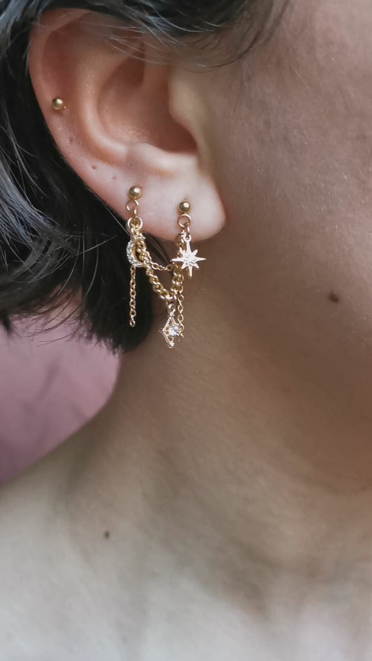 Boucle d'oreille double en acier, chaine d'oreille lune et etoile