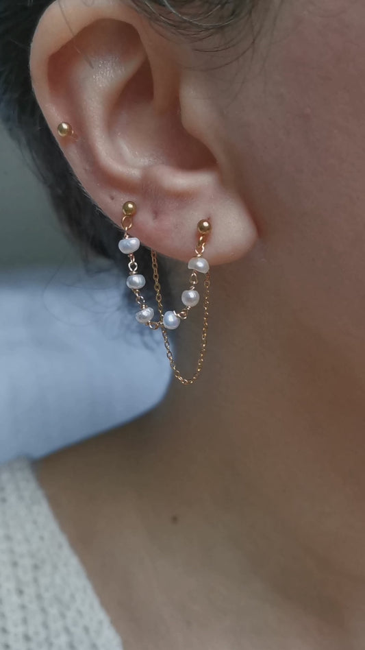 Boucle d'oreille double, chaine d'oreille perles d'eau douce, faite main