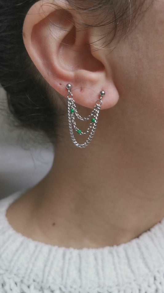 Boucle d'oreille double en acier argenté, triple chaîne d'oreille perles resine vertes