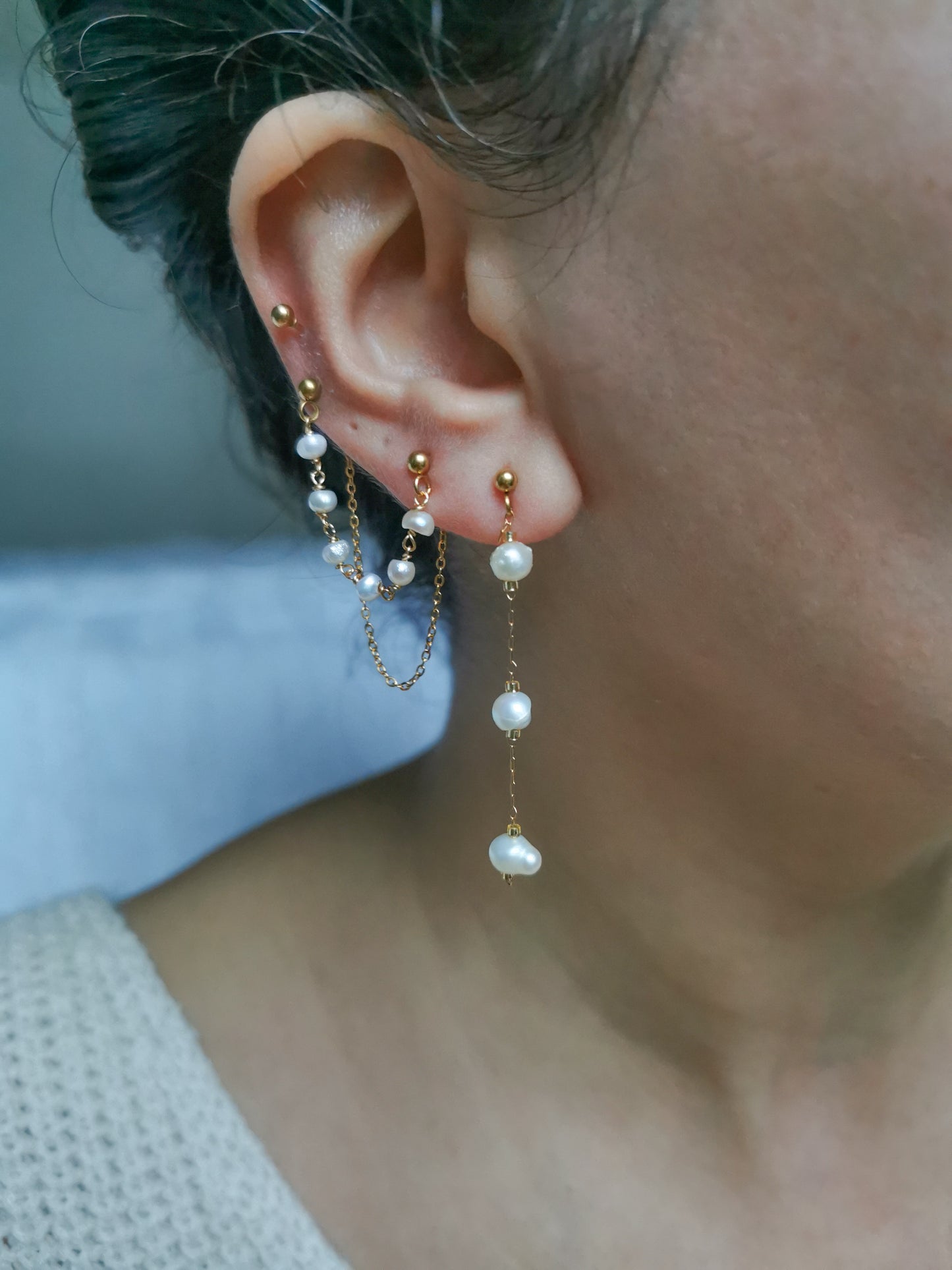 Boucle d'oreille double, chaine d'oreille perles d'eau douce, faite main