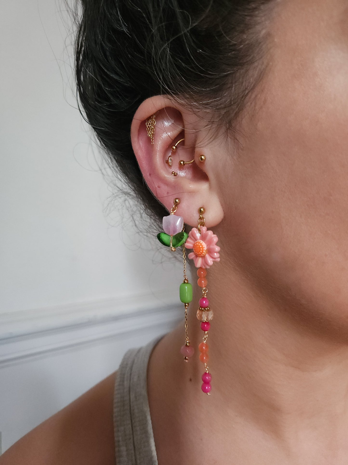 Boucle d'oreille modulable acier inoxydable et doré à l'or fin, a l’unité, coquillage, etoile et tortue de mer, corail, fleurs
