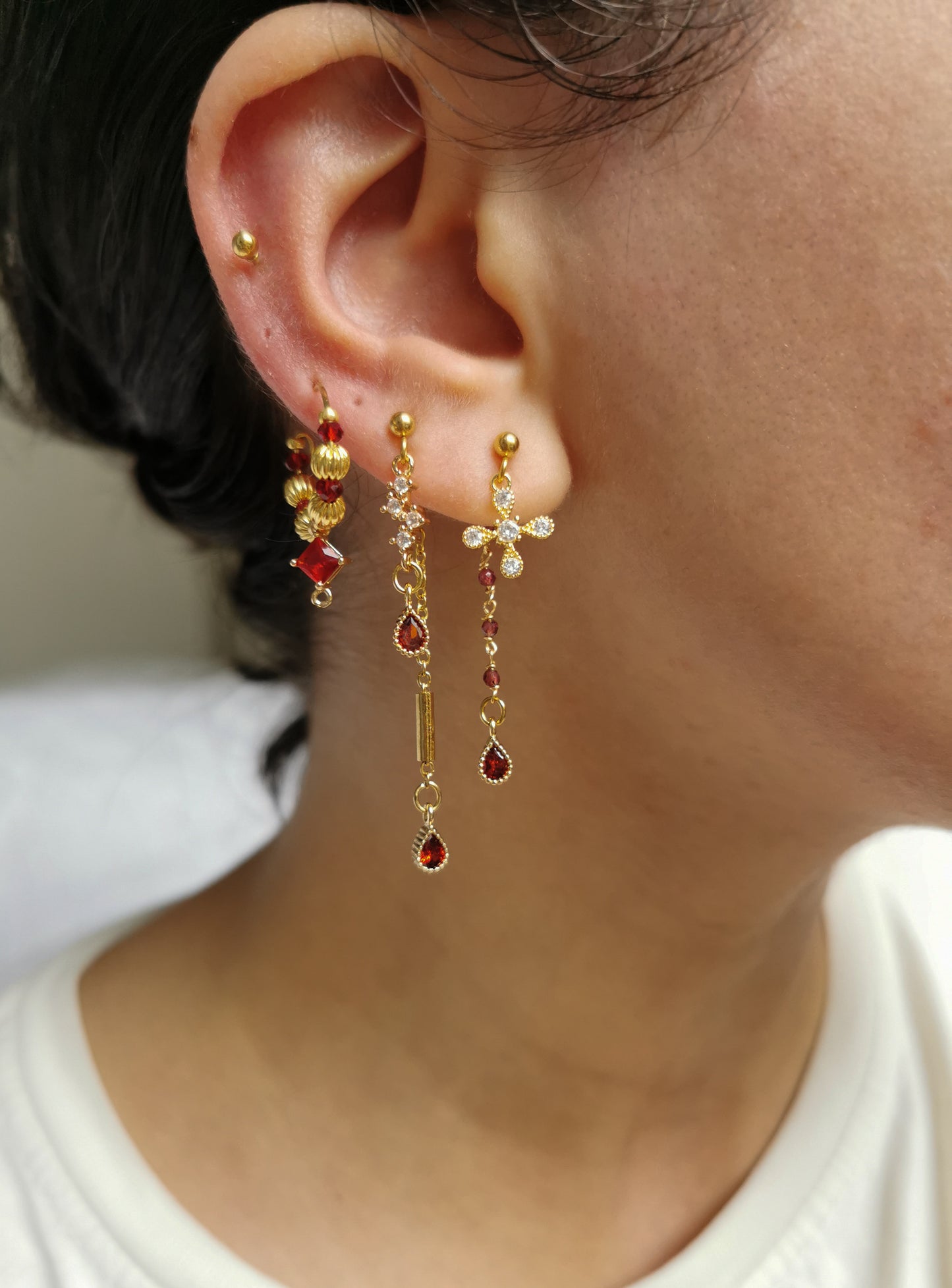 Boucle d'oreille acier, a accumuler, piercing d'oreille rouge