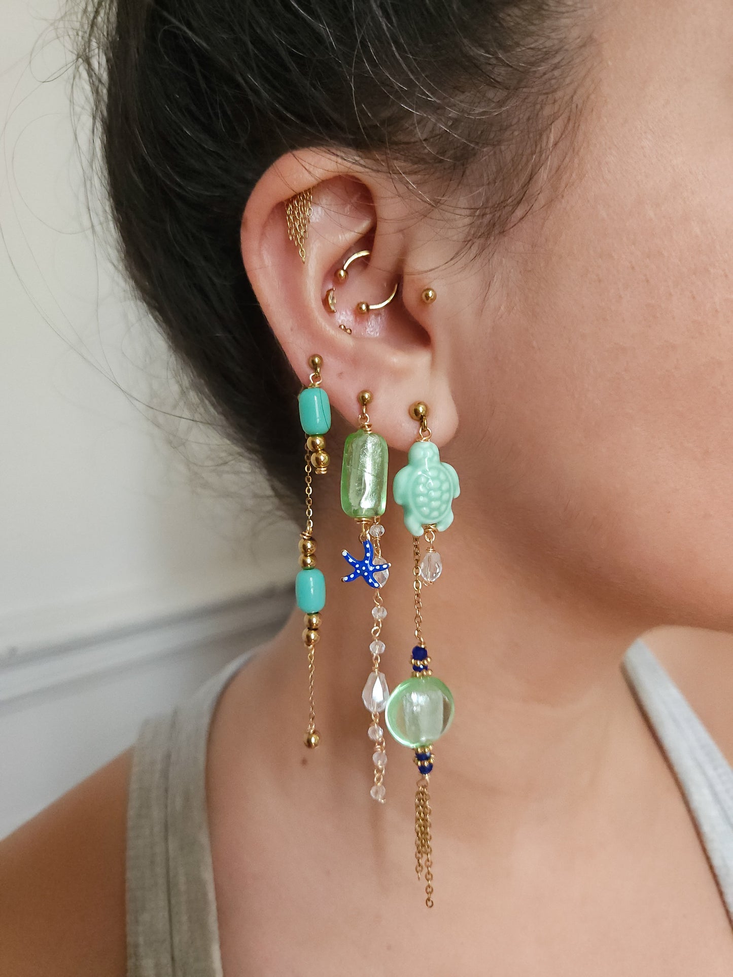 Boucle d'oreille modulable acier inoxydable et doré à l'or fin, a l’unité, coquillage, etoile et tortue de mer, corail, fleurs