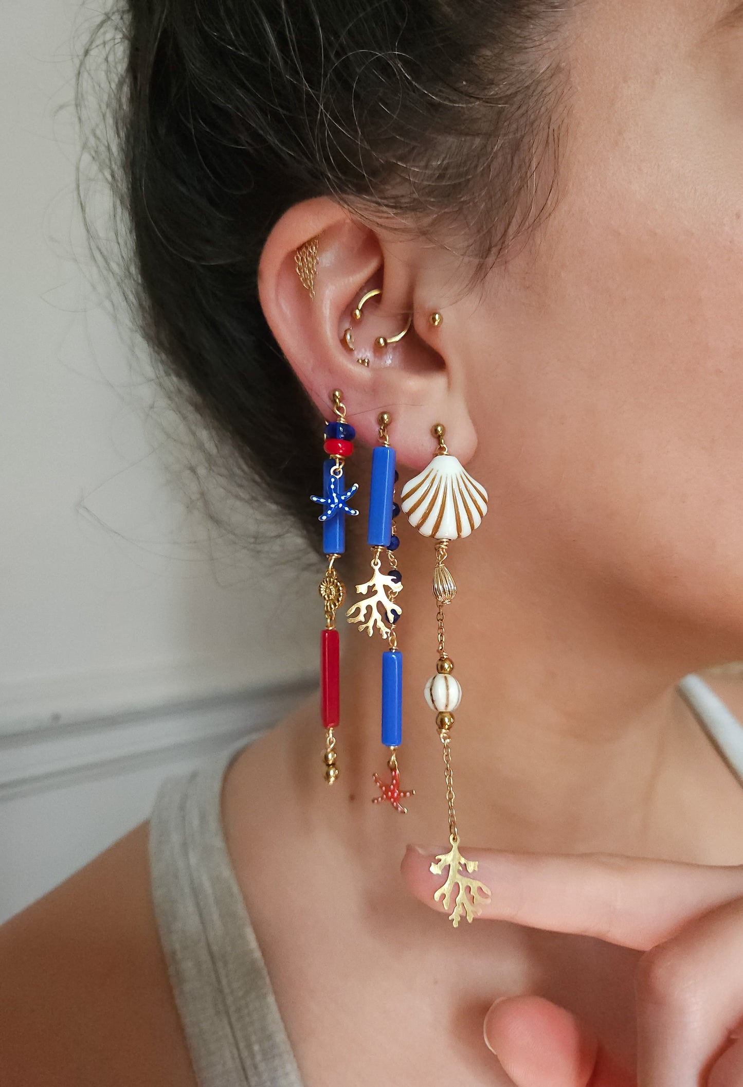 Boucle d'oreille modulable acier inoxydable et doré à l'or fin, a l’unité, coquillage, etoile et tortue de mer, corail, fleurs