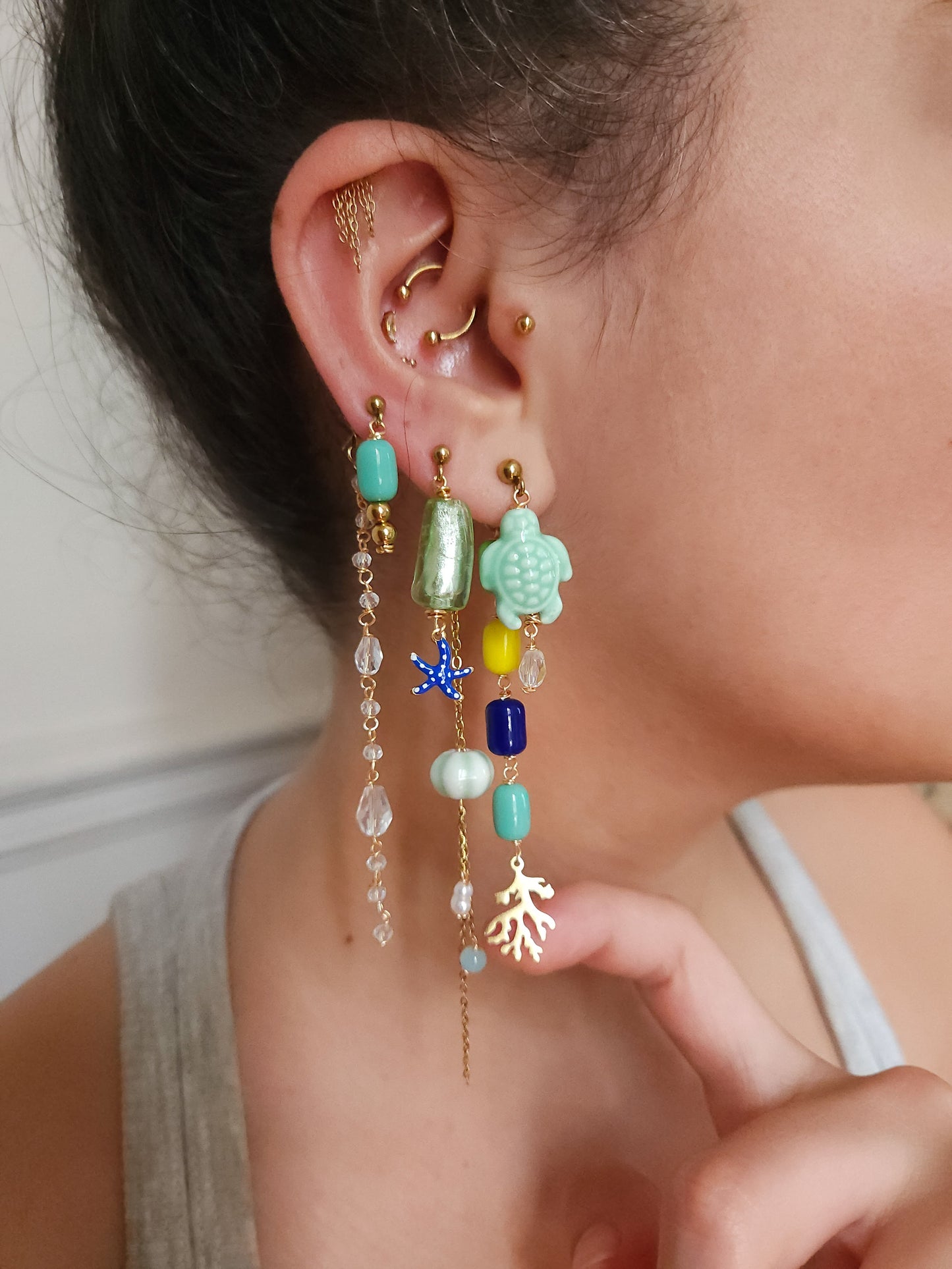 Boucle d'oreille modulable acier inoxydable et doré à l'or fin, a l’unité, coquillage, etoile et tortue de mer, corail, fleurs
