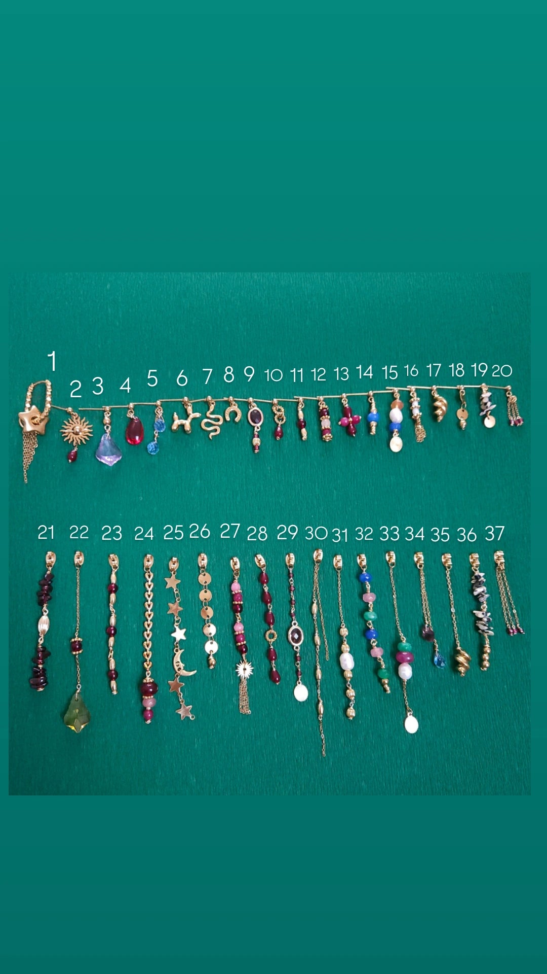 Boucles personnalisables a l’unité en acier et dorées à l'or fin, etoile lune, soleil perles rouges