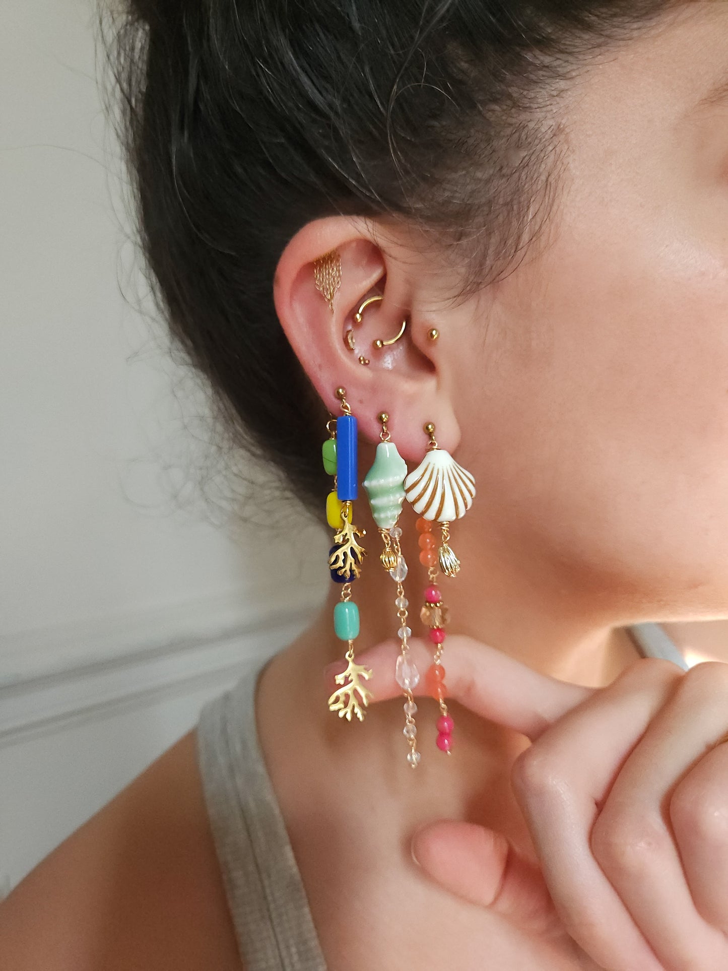 Boucle d'oreille modulable acier inoxydable et doré à l'or fin, a l’unité, coquillage, etoile et tortue de mer, corail, fleurs