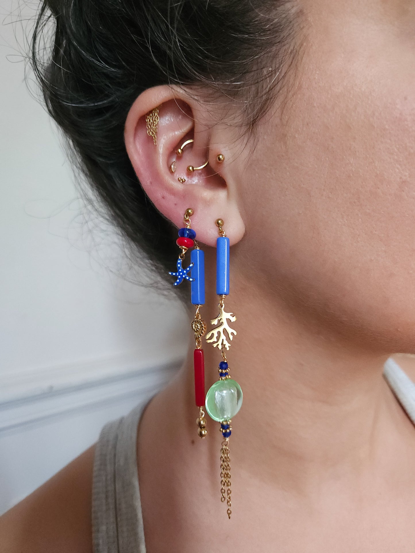 Boucle d'oreille modulable acier inoxydable et doré à l'or fin, a l’unité, coquillage, etoile et tortue de mer, corail, fleurs