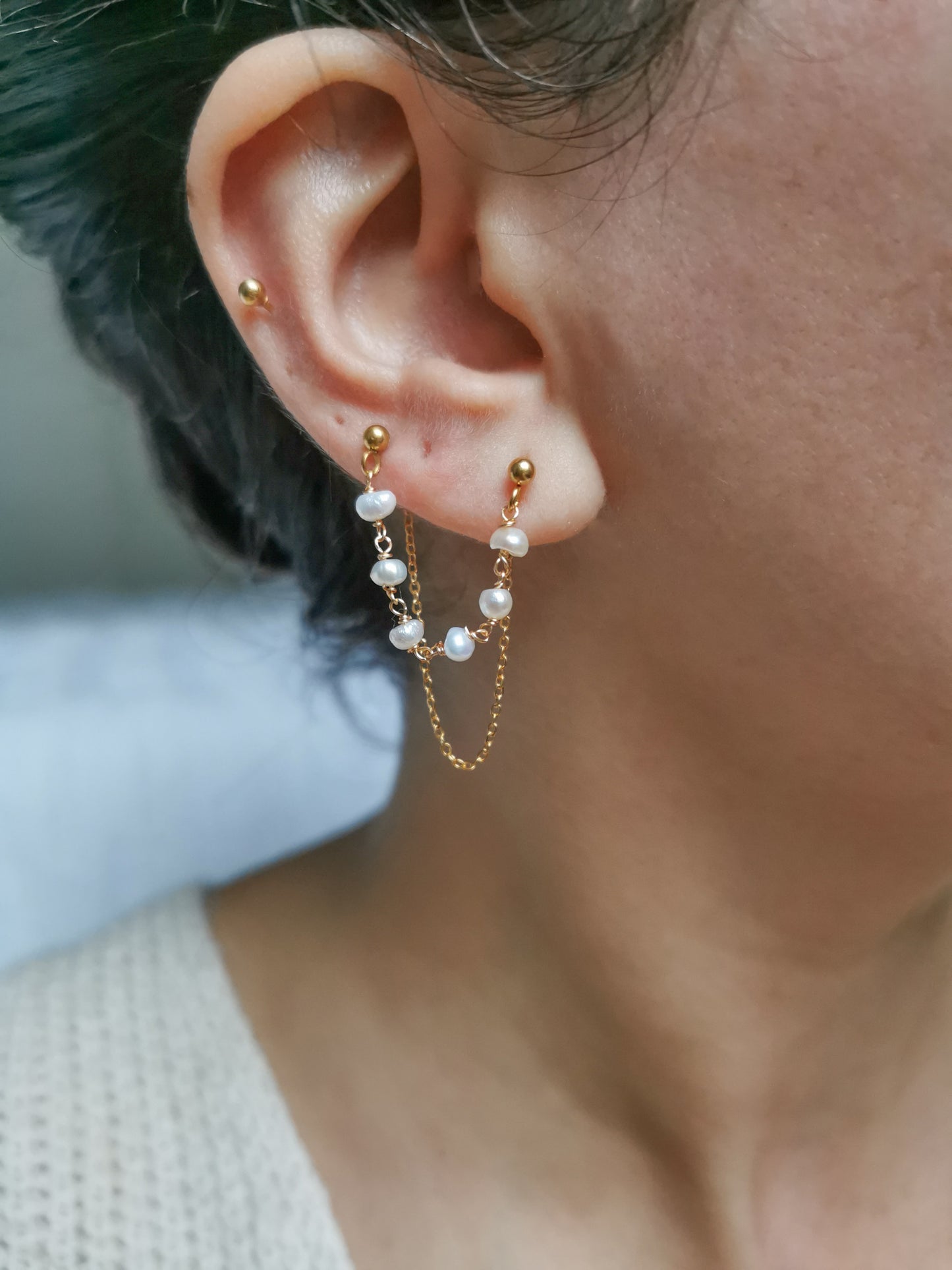 Boucle d'oreille double, chaine d'oreille perles d'eau douce, faite main