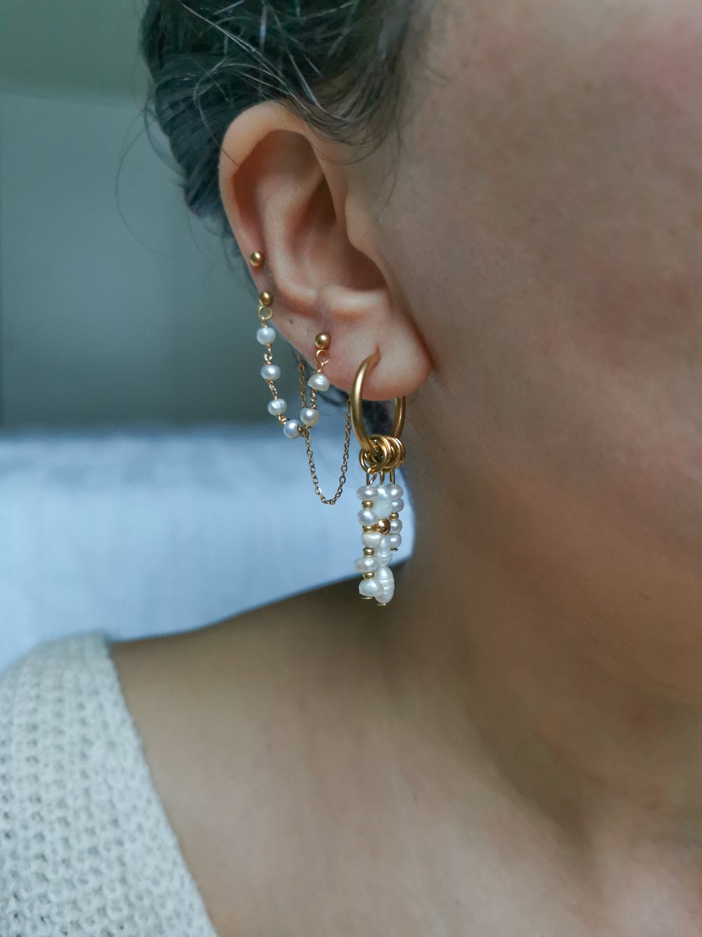 Boucle d'oreille double, chaine d'oreille perles d'eau douce, faite main