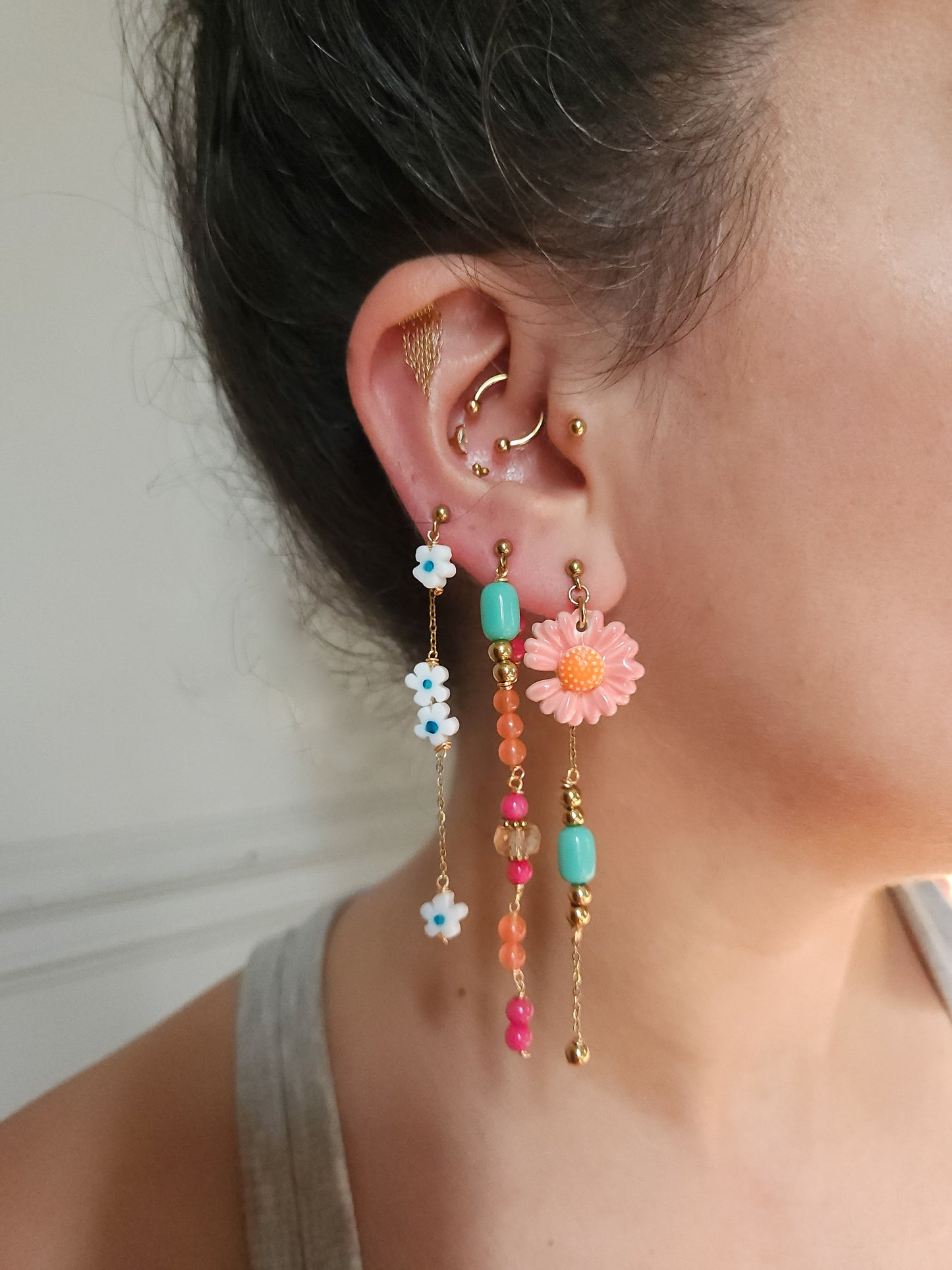 Boucle d'oreille modulable acier inoxydable et doré à l'or fin, a l’unité, coquillage, etoile et tortue de mer, corail, fleurs