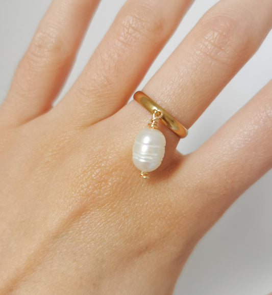 Bague breloque en acier, perle d'eau douce