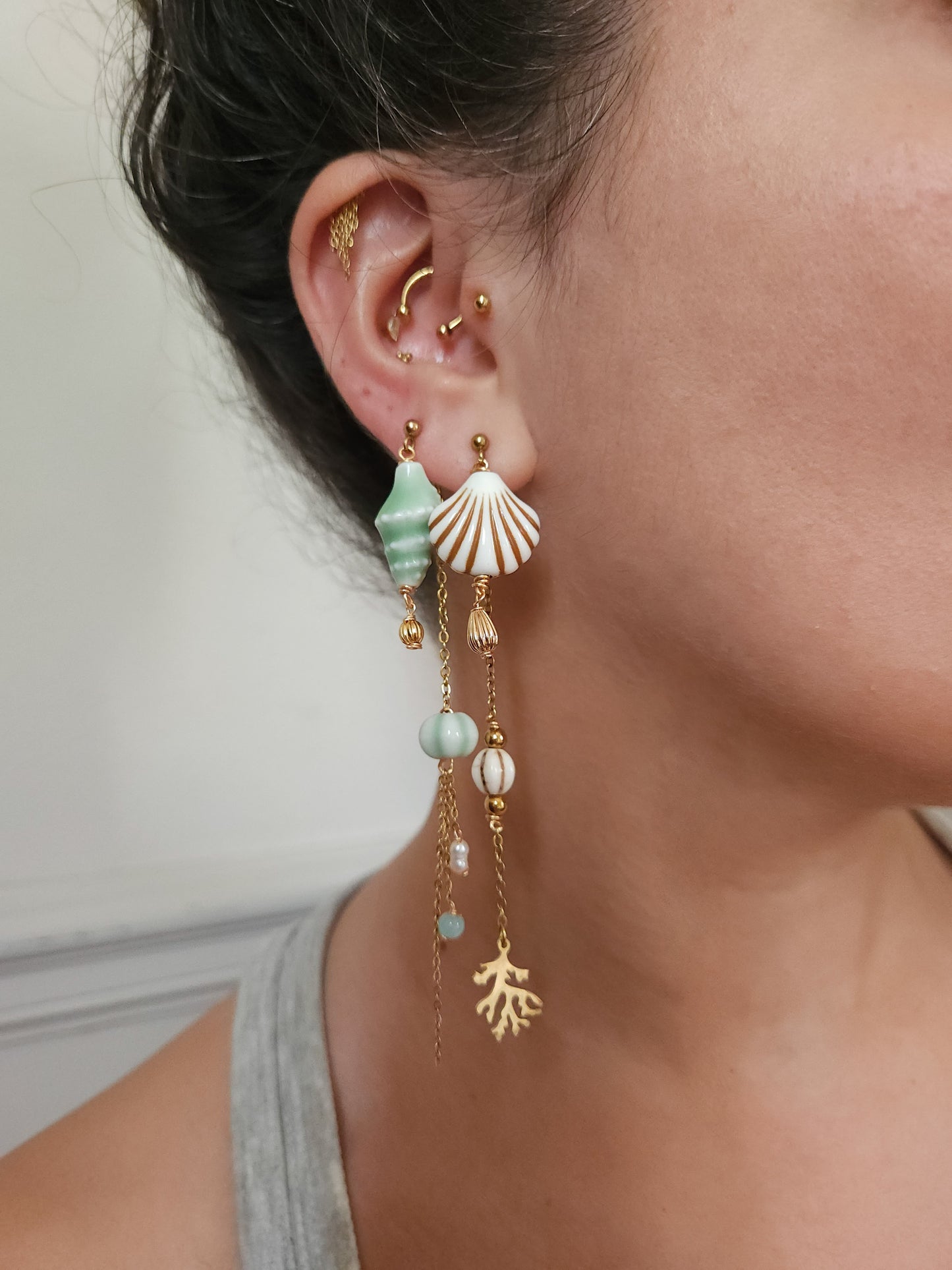 Boucle d'oreille modulable acier inoxydable et doré à l'or fin, a l’unité, coquillage, etoile et tortue de mer, corail, fleurs