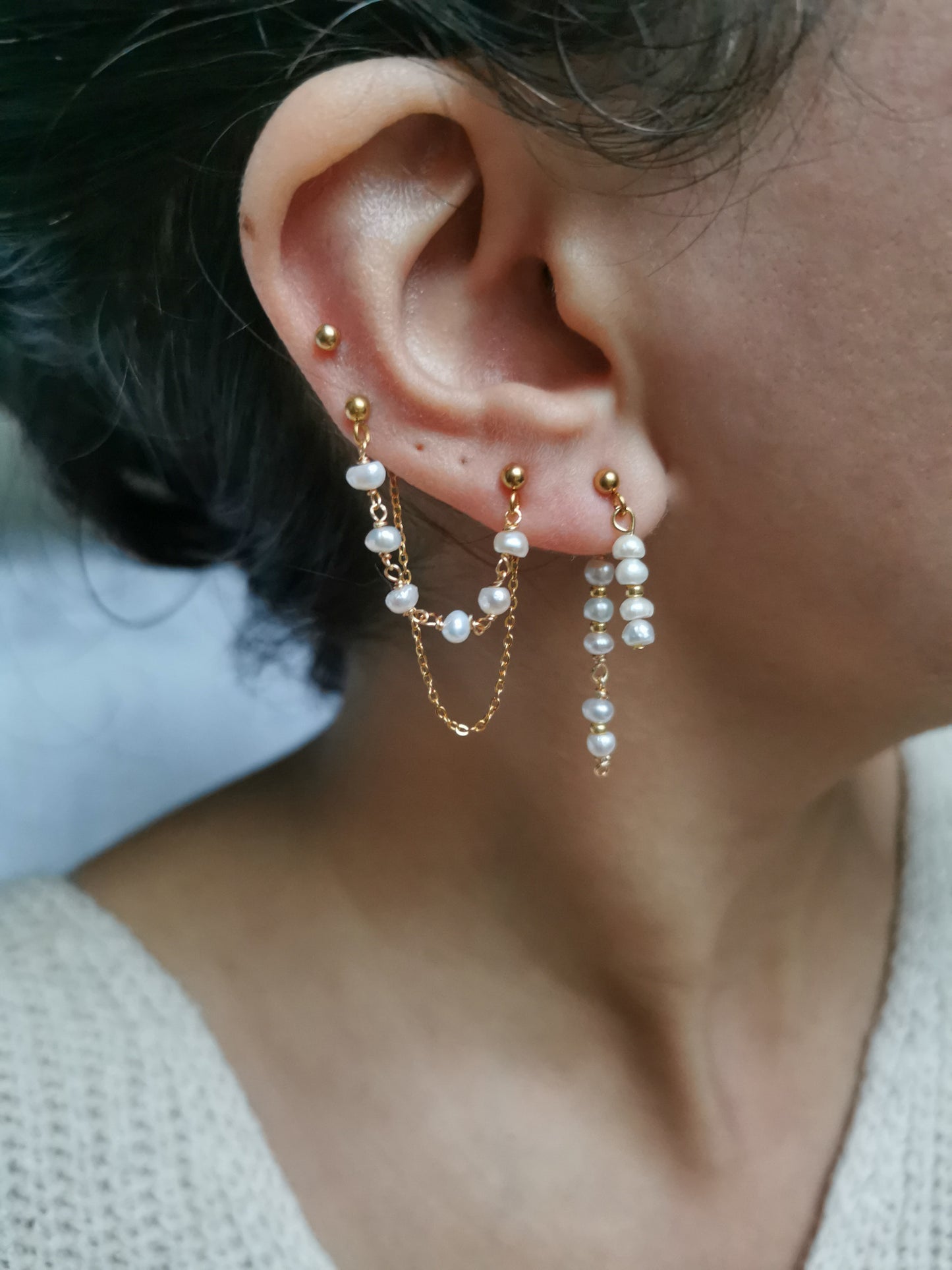 Boucle d'oreille double, chaine d'oreille perles d'eau douce, faite main