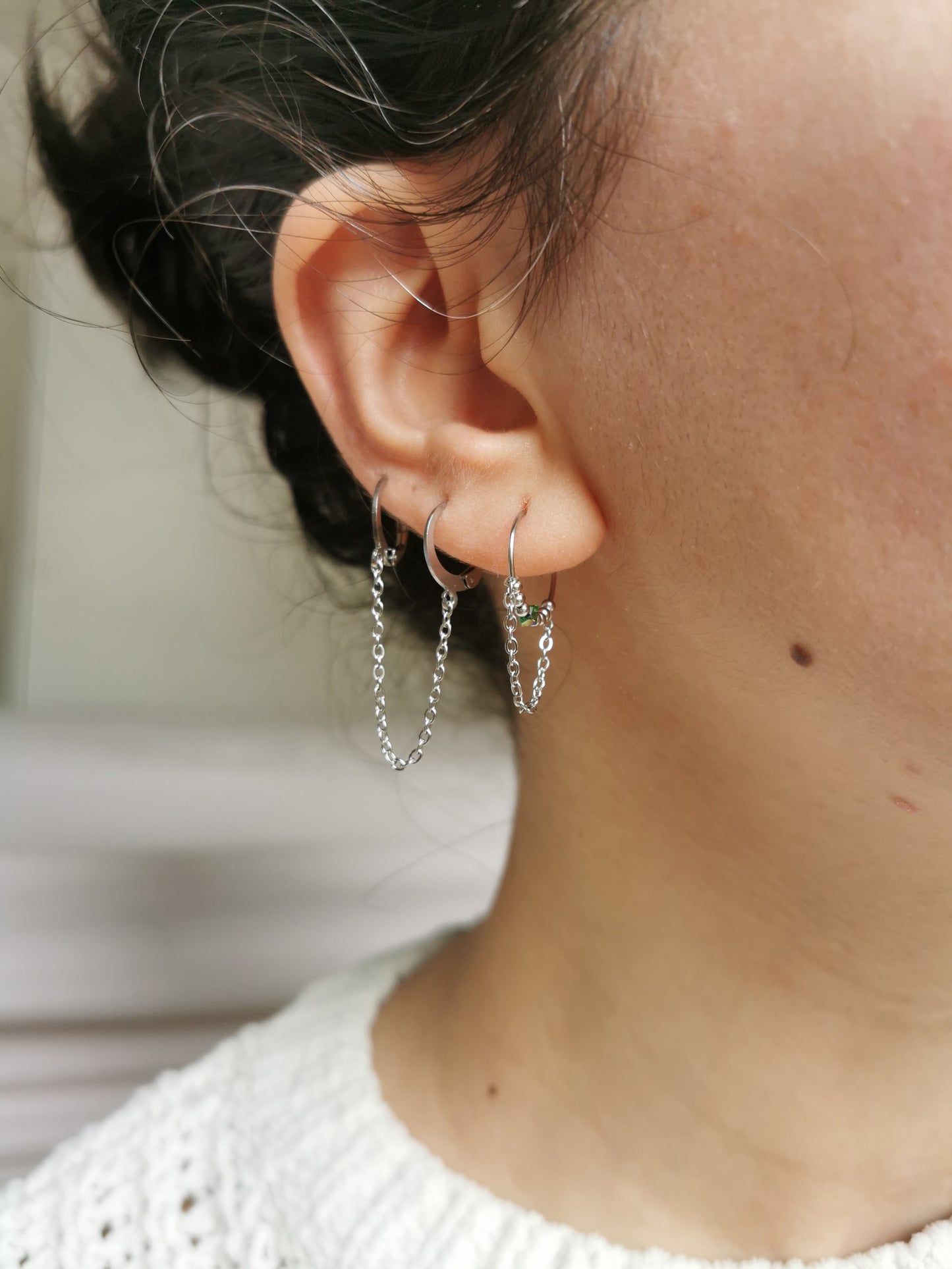 Double boucle d'oreille acier argent, chaine d'oreille en acier