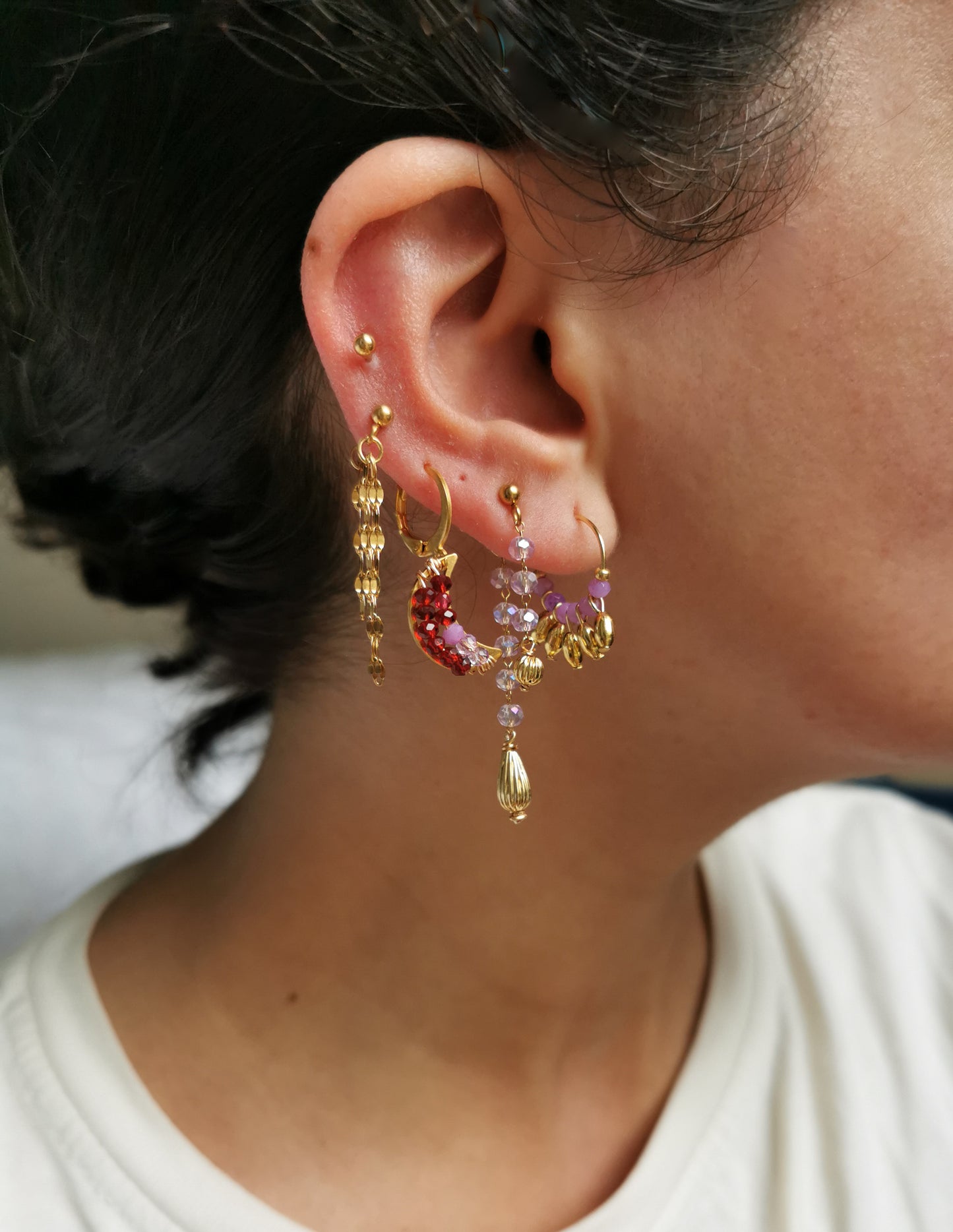 Boucle d'oreille acier, boucle d'oreille lune, piercing à accumuler, fait main