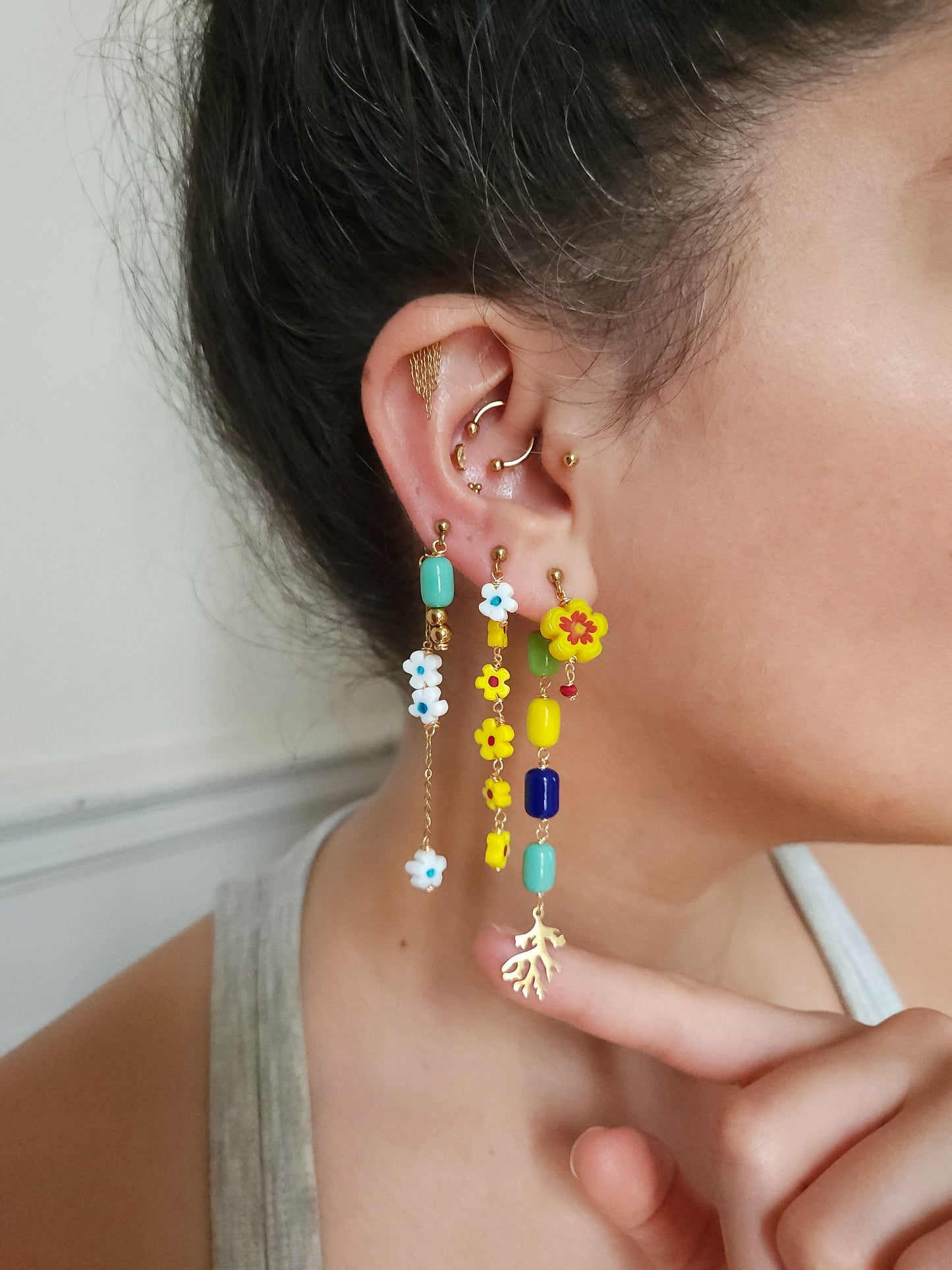 Boucle d'oreille modulable acier inoxydable et doré à l'or fin, a l’unité, coquillage, etoile et tortue de mer, corail, fleurs