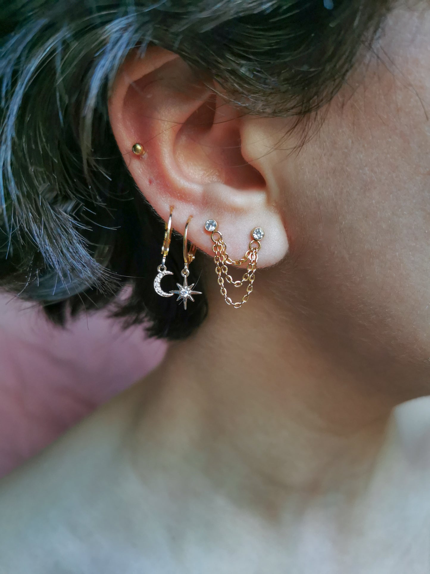 Boucle d'oreille double, boucle d'oreille chaine, piercing acier inoxydable, bijoux fait main