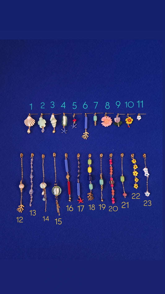 Boucle d'oreille modulable acier inoxydable et doré à l'or fin, a l’unité, coquillage, etoile et tortue de mer, corail, fleurs