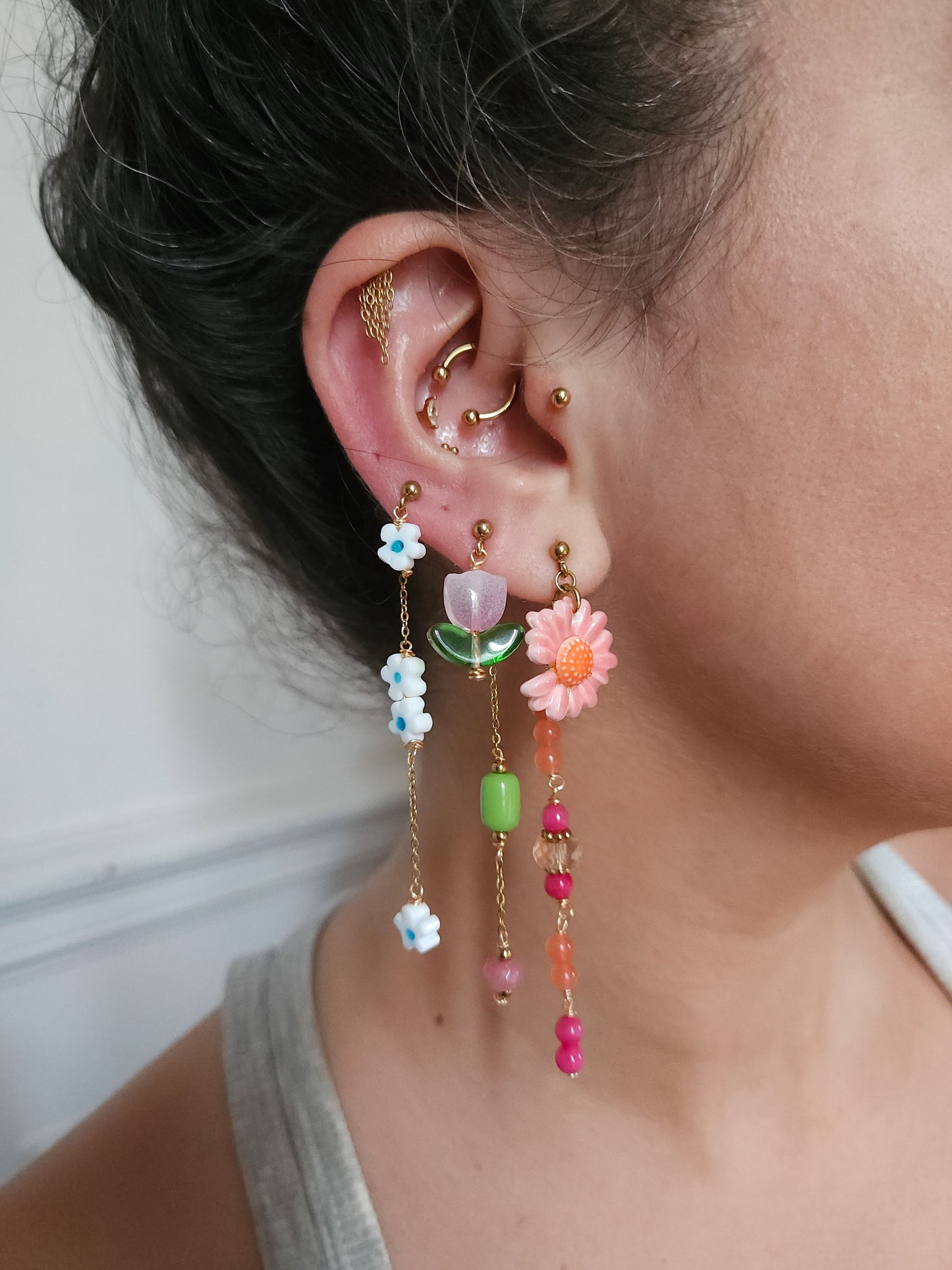 Boucle d'oreille modulable acier inoxydable et doré à l'or fin, a l’unité, coquillage, etoile et tortue de mer, corail, fleurs