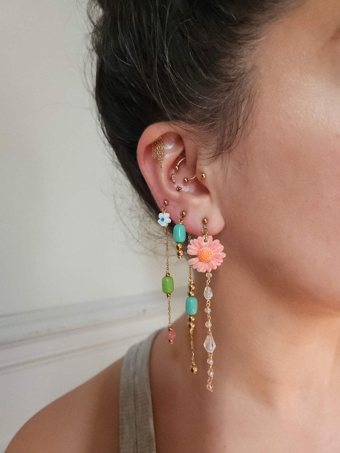 Boucle d'oreille modulable acier inoxydable et doré à l'or fin, a l’unité, coquillage, etoile et tortue de mer, corail, fleurs