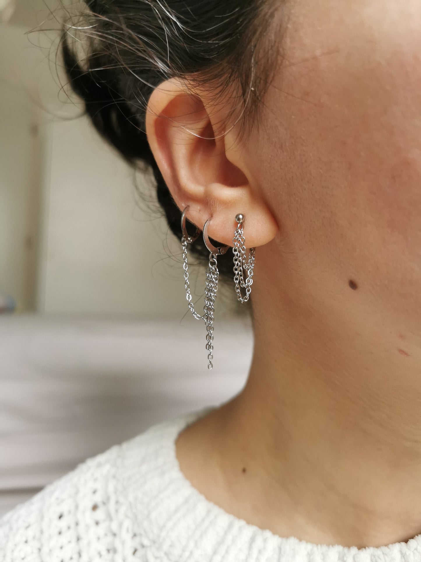 Double boucle d'oreille acier argent, chaine d'oreille en acier