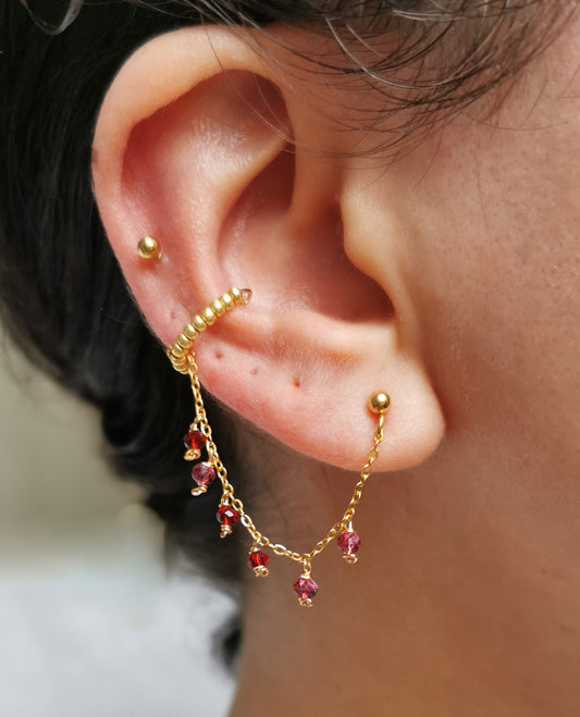 Boucle d'oreille acier, chaine d'oreille rouge, faite main