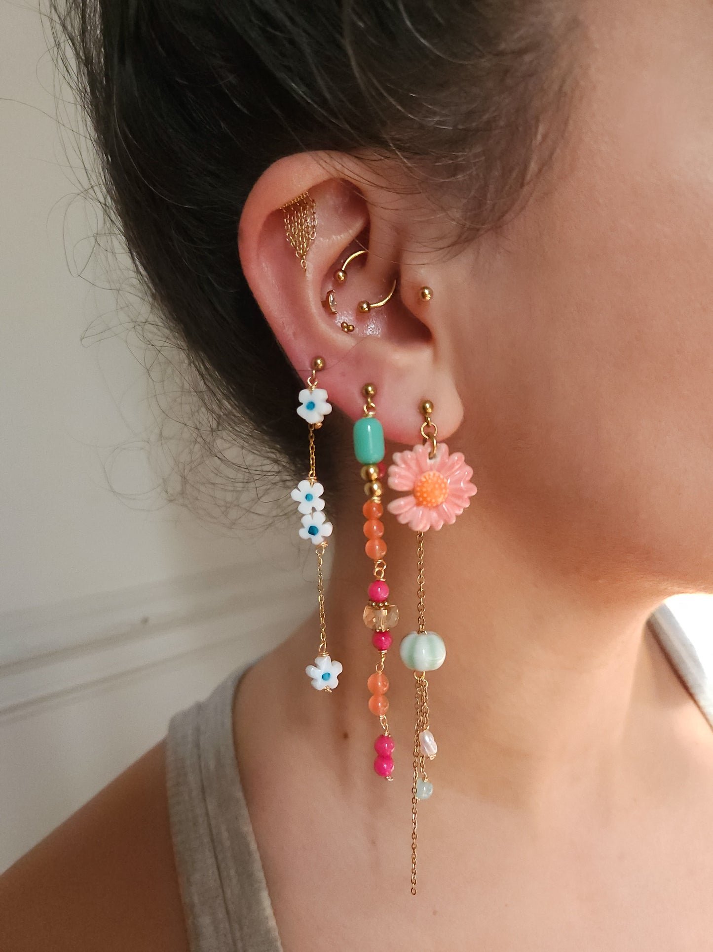 Boucle d'oreille modulable acier inoxydable et doré à l'or fin, a l’unité, coquillage, etoile et tortue de mer, corail, fleurs