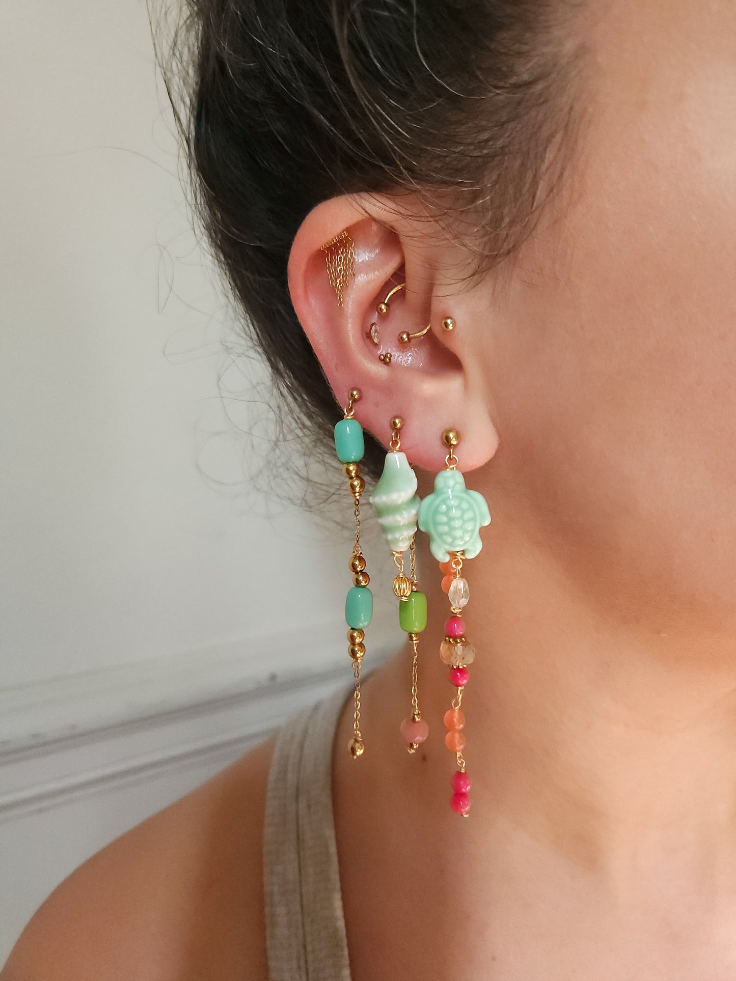 Boucle d'oreille modulable acier inoxydable et doré à l'or fin, a l’unité, coquillage, etoile et tortue de mer, corail, fleurs