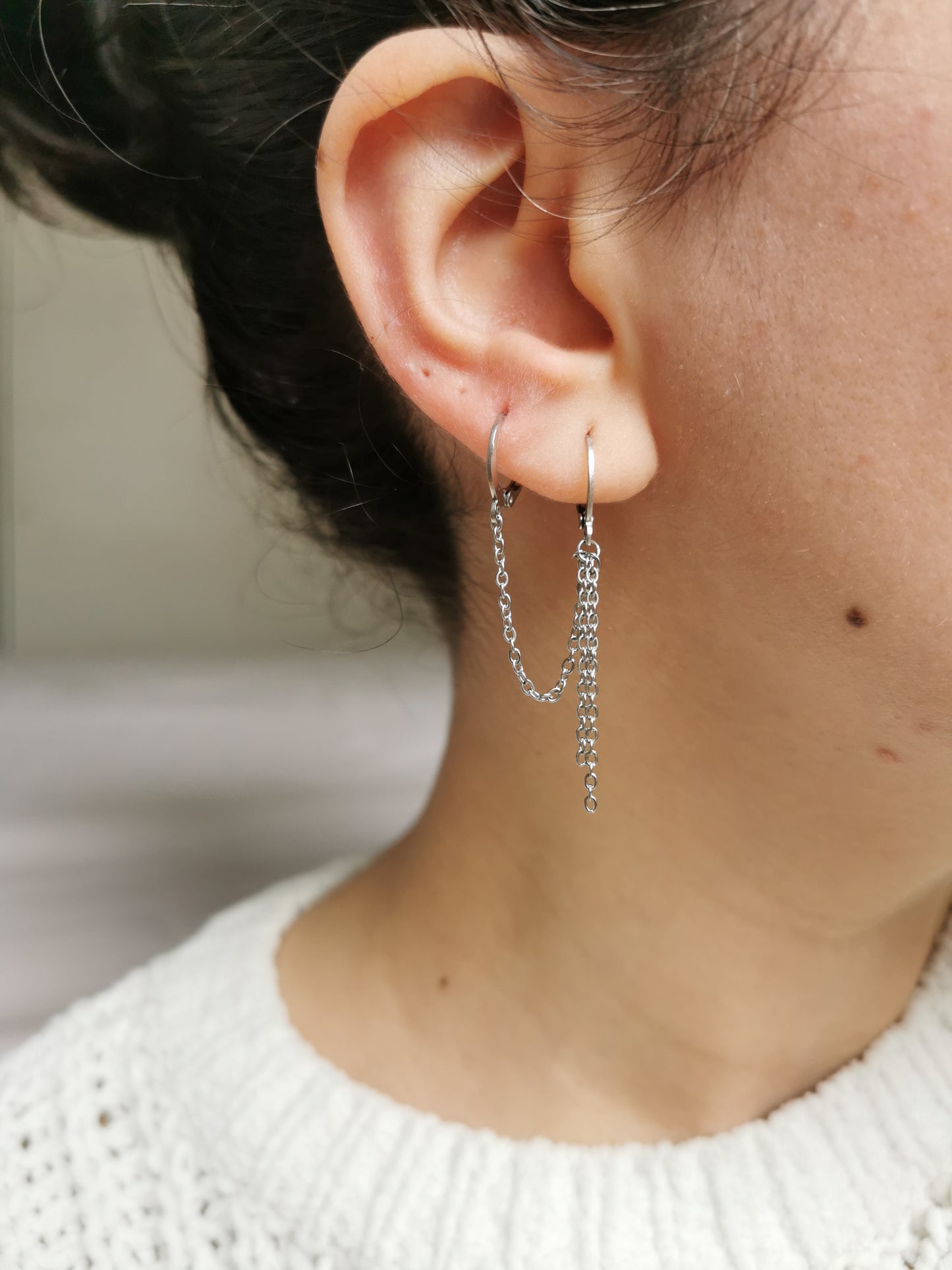 Double boucle d'oreille acier argent, chaine d'oreille en acier