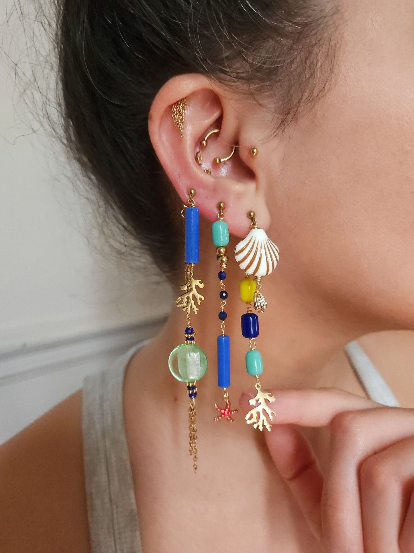 Boucle d'oreille modulable acier inoxydable et doré à l'or fin, a l’unité, coquillage, etoile et tortue de mer, corail, fleurs