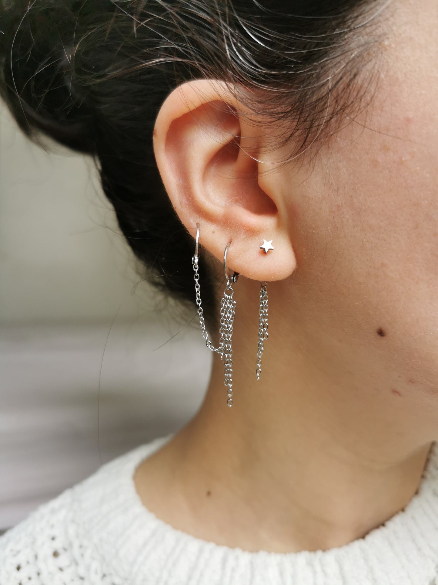 Double boucle d'oreille acier argent, chaine d'oreille en acier