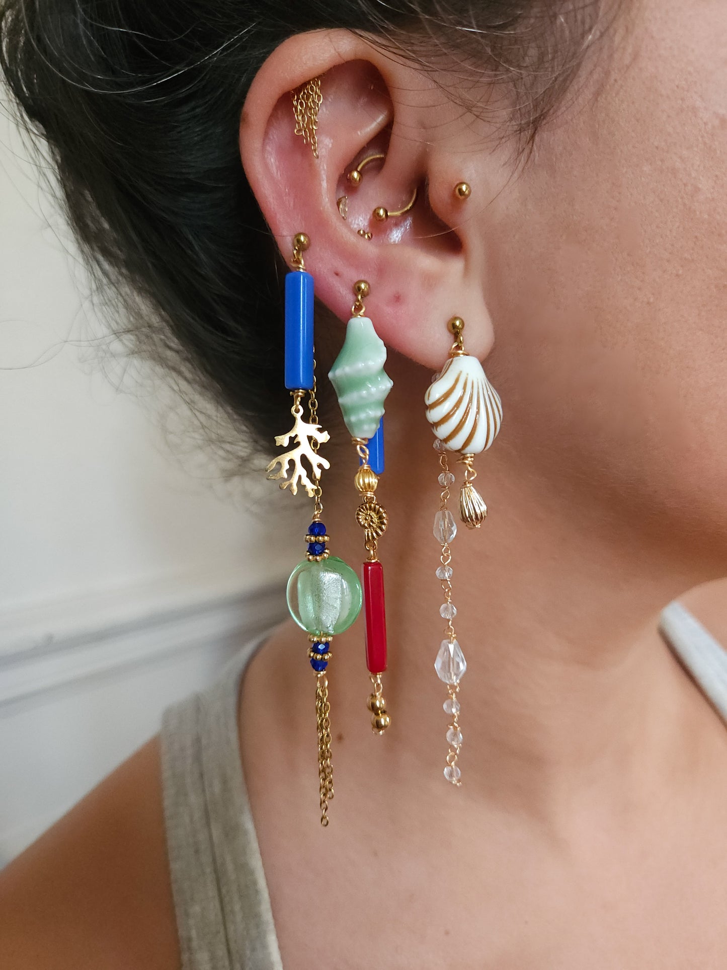 Boucle d'oreille modulable acier inoxydable et doré à l'or fin, a l’unité, coquillage, etoile et tortue de mer, corail, fleurs