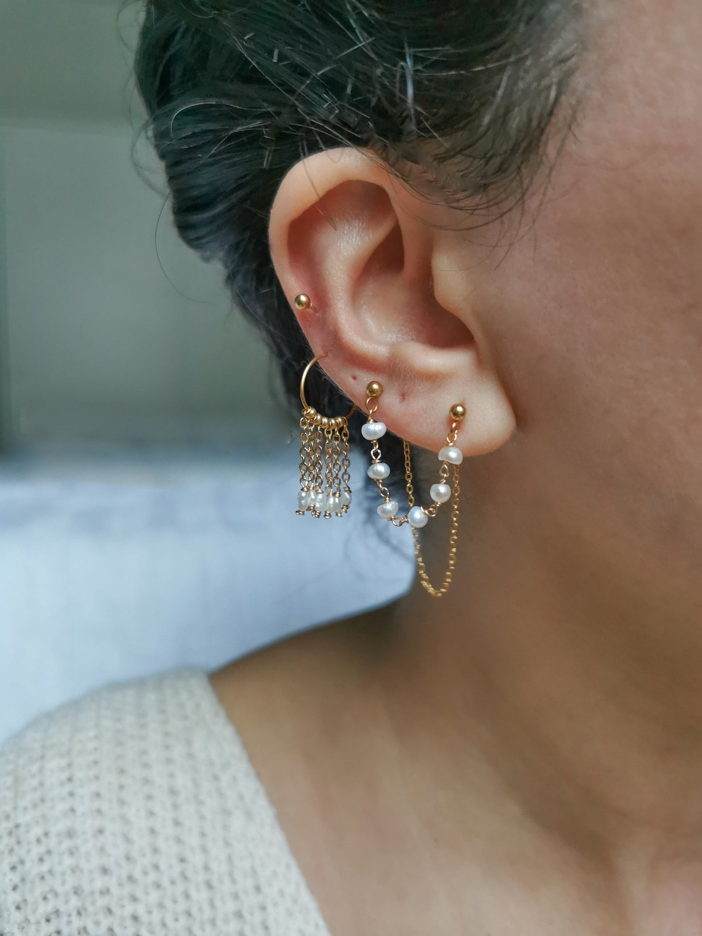 Boucle d'oreille double, chaine d'oreille perles d'eau douce, faite main