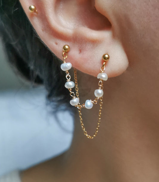 Boucle d'oreille double, chaine d'oreille perles d'eau douce, faite main